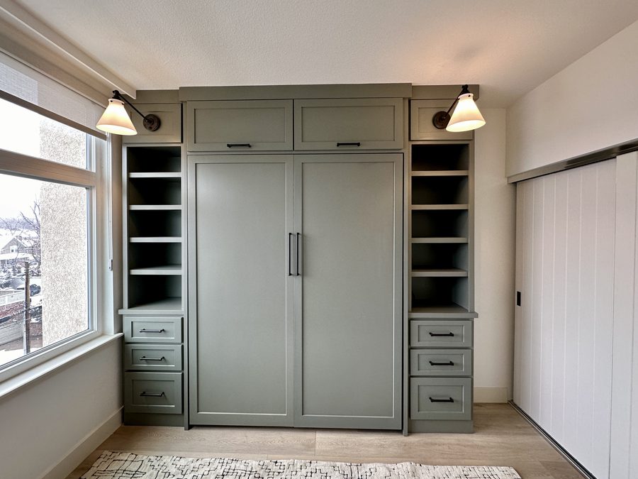 Custom murphy bed built-in with flanking shelves